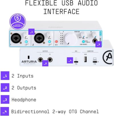 Arturia – MiniFuse 2 OTG – Audio & MIDI Interface with Creative Software for Recording, Production, Podcasting, Guitar, USBC/USBA – White