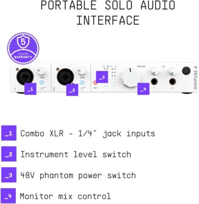 Arturia – MiniFuse 4 – Compact USB Audio & MIDI Interface with Creative Software for Recording, Production, Podcasting, Guitar – White