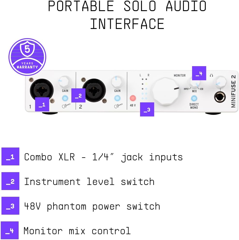Arturia – MiniFuse 2 – Compact USB Audio & MIDI Interface with Creative Software for Recording, Production, Podcasting, Guitar – White