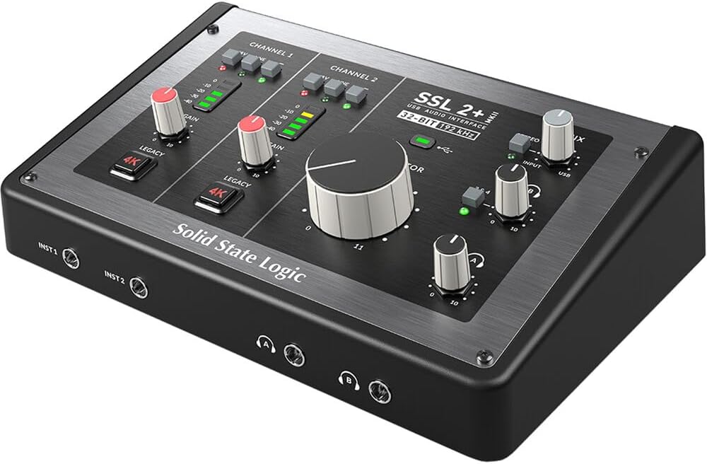 Solid State Logic SSL 2+ MKII – 2×4 USB Audio Interface Bundle with Polsen HPC-A30 Closed-Back Studio Monitor Headphones, 2x Kellards XLR-P20T Pro 20 XLR Cable and 2x MID-P10T Pro MIDI Cable 10