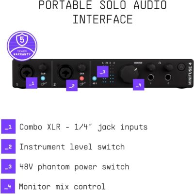 51ewEnn6O L. AC SL1080 Arturia – MiniFuse 4 – Compact USB Audio & MIDI Interface with Creative Software for Recording, Production, Podcasting, Guitar – Black