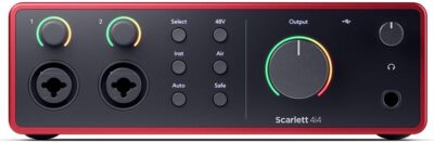 51r7xu O5LL. AC SL1200 Focusrite Scarlett 4i4 4th Gen USB Interface with Software Suite, Bundle with TAPH100 Headphones, 2x H&A 10 XLR Microphone Cable and Pop Filter
