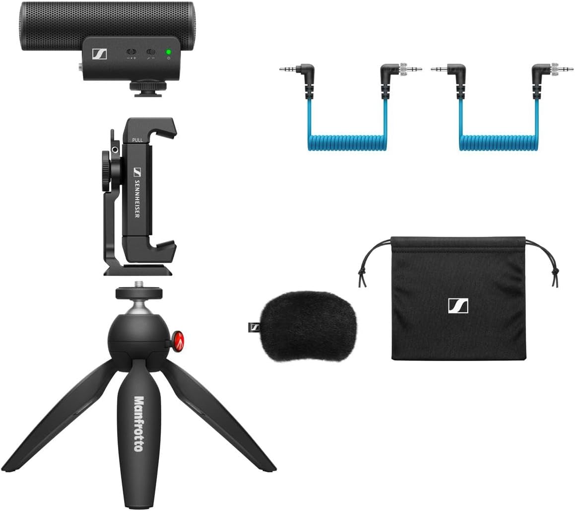 SENNHEISER Professional MKE 400 + Mobile Kit, Directional On-Camera Microphone with Smartphone Clamp & Manfrotto PIXI Mini Tripod, 509257, Auxiliary,Black