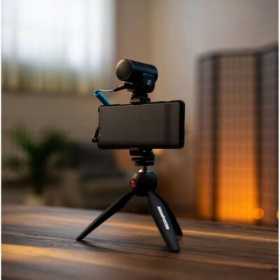 Sennheiser Pro Audio Sennheiser Professional MKE 200 + Mobile Kit, Directional On-Camera Microphone with Smartphone Clamp & Manfrotto PIXI Mini Tripod, 509256, Black