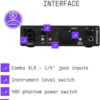 Arturia MiniFuse 1 – Compact USB Audio Interface with Creative Software for Recording, Production, Podcasting, Guitar – Black