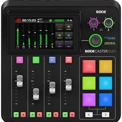 51wXV XVomL. AC RODE RODECaster Duo Integrated Audio Production Studio | Compact Mixer with Dual USB Interface & Bluetooth | For Podcasting & Live Streaming (RCDUO) + 32GB MicroSDHC Memory Card + 10 Foot XLR + More