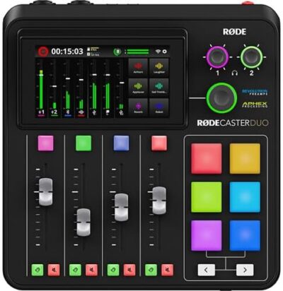 51wXV XVomL. AC RODE RODECaster Duo Integrated Audio Production Studio | Compact Mixer with Dual USB Interface & Bluetooth | For Podcasting & Live Streaming (RCDUO) + 32GB MicroSDHC Memory Card + 10 Foot XLR + More