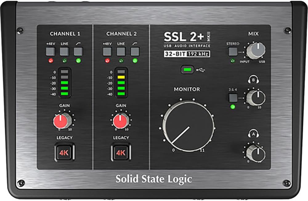Solid State Logic SSL 2+ MKII – 2×4 USB Audio Interface Bundle with Slate Digital VMS ML-1A Large-diaphragm Condenser Modeling Microphone