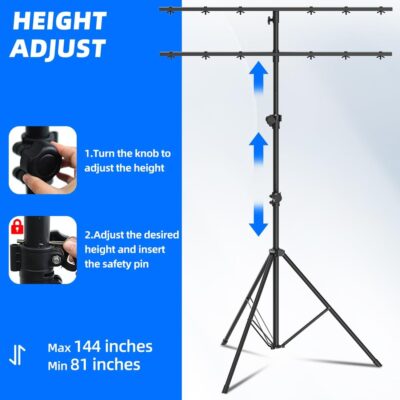 DJ Lights Stand with 2 T Bar, Heavy Duty DJ Stand for 8 Lights, Portable Par Can Stage Light Stand Adjustable Height 81-144 Inch
