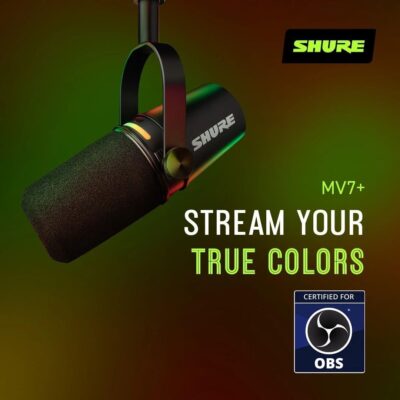 Shure MV7+ Podcast Dynamic Microphone with Stand – OBS Certified, Enhanced Audio, LED Panel, USB-C & XLR Outputs, Auto Level Mode, Digital Pop Filter – for Podcasting, Streaming, and Recording, Black