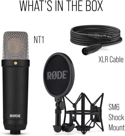 RØDE NT1 Signature Series Large-Diaphragm Condenser Microphone with Shock Mount, Pop Filter and XLR Cable for Music Production, Vocal Recording, Streaming and Podcasting (Black)