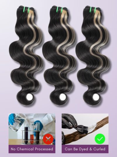 Platinum Blonde Highlight Black Mix Color Body Wave Human Hair, 100% Brazilian Thick Track Bundles #F1B/613 Ombre Skunk Stripe Balayage Colored Single Bundles Quick Weave Remy 12 In