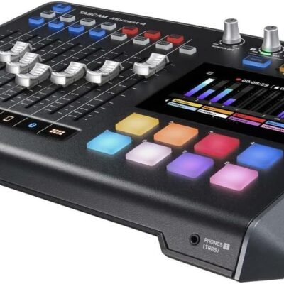 TASCAM Mixcast 4 Podcast Streaming Mixer, Recorder, and USB Audio Interface — Four XLR/TRS Mic Inputs, Touch Screen and Editing Software Included