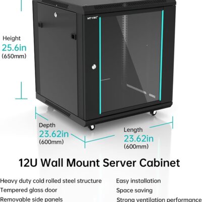 MT-VIKI 12U Server Cabinet Network Rack Vented Enclosure w/Moving Wheel, 0.8mm Thick Steel, 23.6 Deep (600mm), for 19 IT Equipment, Included 1pcs 12 Depth Rack Shelf