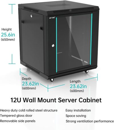 MT-VIKI 12U Server Cabinet Network Rack Vented Enclosure w/Moving Wheel, 0.8mm Thick Steel, 23.6 Deep (600mm), for 19 IT Equipment, Included 1pcs 12 Depth Rack Shelf