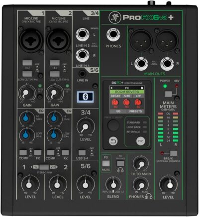 615s5TKk6xL. AC SL1200 Mackie ProFX6v3+ 6-Channel Professional Analog Mixer with USB, Onyx Mic Preamps, GigFX Effects Engine, and Bluetooth
