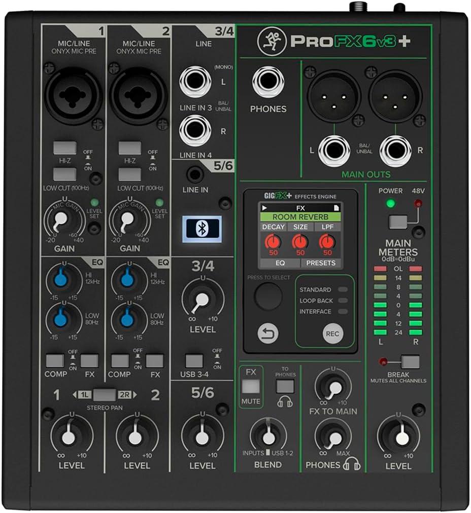 Mackie ProFX6v3+ 6-Channel Professional Analog Mixer with USB, Onyx Mic Preamps, GigFX Effects Engine, and Bluetooth