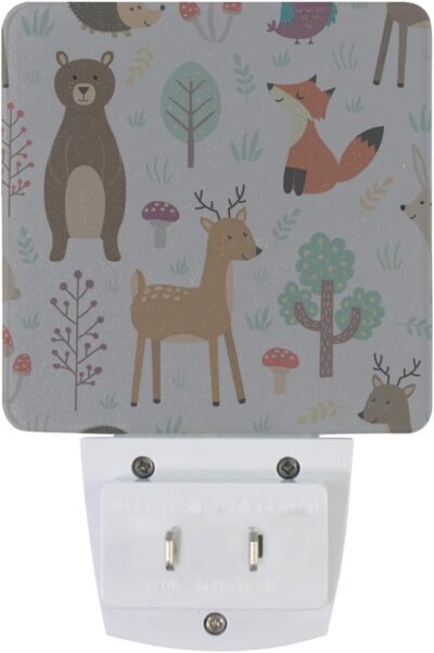 Plug-In Night Light Forest Cute Animals Printed LED Nightlight, Dusk-To-Dawn Sensor, Bedroom, Bathroom, Kitchen, Hallway, Stairs, Energy Efficient, 2-pack, 0.5W