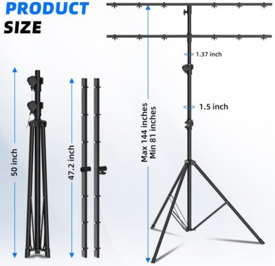 DJ Lights Stand with 2 T Bar, Heavy Duty DJ Stand for 8 Lights, Portable Par Can Stage Light Stand Adjustable Height 81-144 Inch