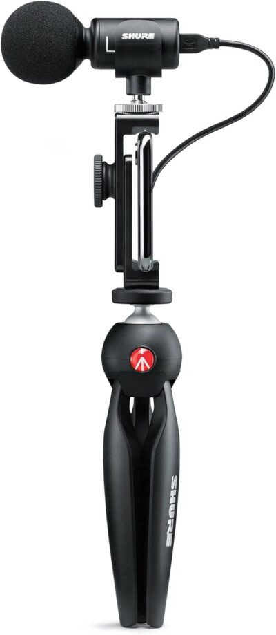 Shure MV88+ Video Kit – Digital Stereo Condenser Microphone for Apple and Android, with Manfrotto PIXI Tripod, Phone Clamp, Mount, iOS and USB-C Cables for Next-Level Compatibility and Connectivity