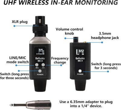 UHF Wireless In Ear Monitor System Metal, Professional Wireless IEM System, 16 Adjustable Channel, Portable Rechargeable Transmitter and bodypack Receiver for Studio, Band Rehearsal, Live Performance