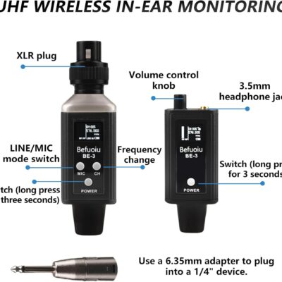 UHF Wireless In Ear Monitor System Metal, Professional Wireless IEM System, 16 Adjustable Channel, Portable Rechargeable Transmitter and bodypack Receiver for Studio, Band Rehearsal, Live Performance