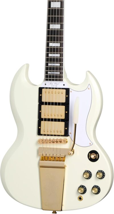 619BVKlG84L. AC SL1500 Epiphone Inspired by Gibson Custom 1963 Les Paul SG Maestro, Classic White with Hard Case