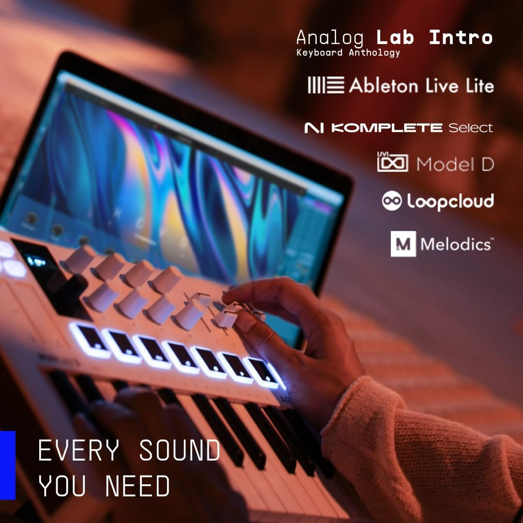 Arturia MiniLab 3 – Universal MIDI Controller for Music Production, with All-in-One Software Package – 25 Keys, 8 Multi-Color Pads – White