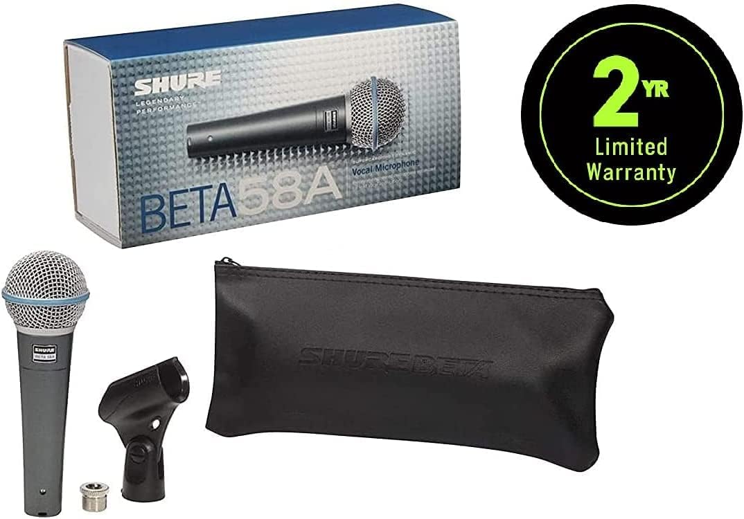 Shure BETA 58A Vocal Microphone – Single Element Supercardioid Dynamic Mic for Stage and Studio with A25D Adjustable Stand Adapter, 5/8 to 3/8 (Euro) Thread Adapter & Storage Bag, Brushed Nickel
