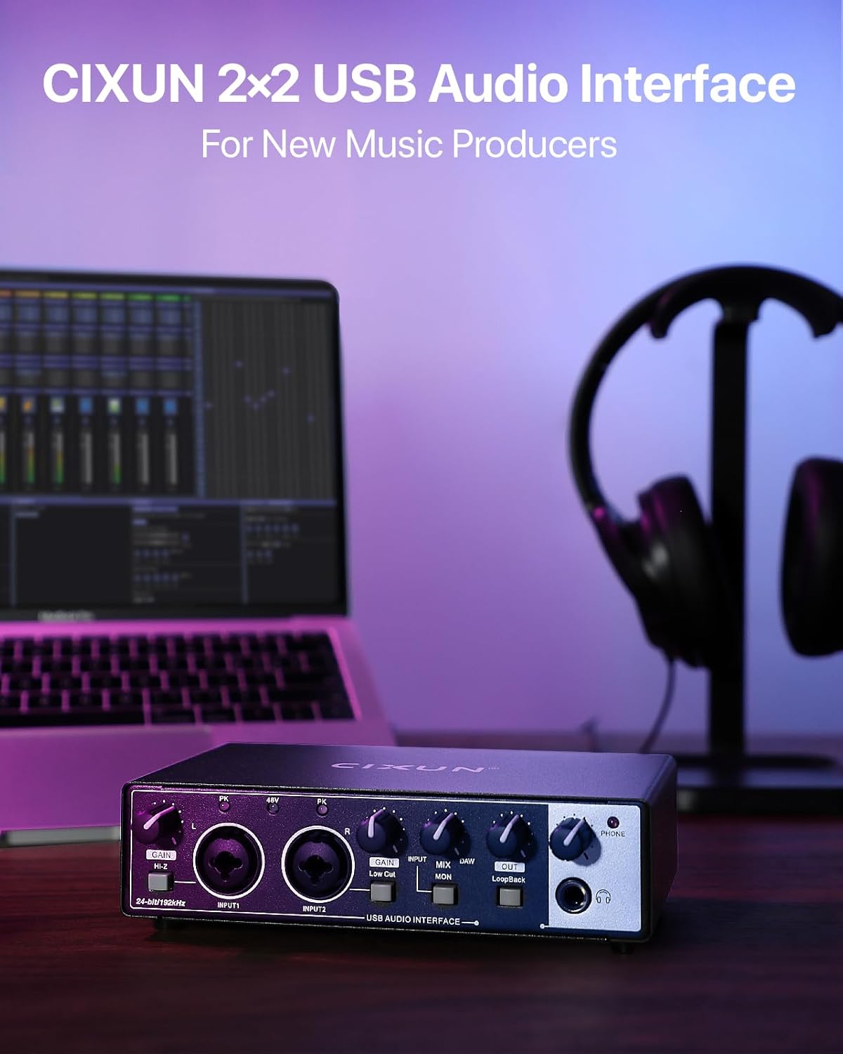 2×2 USB-C Audio Interface for PC/Mac Recording, 24-bit/192kHz, Dual TS/XLR Inputs, +48V Phantom Power, Studio/Podcast/Streaming (Matte Black)