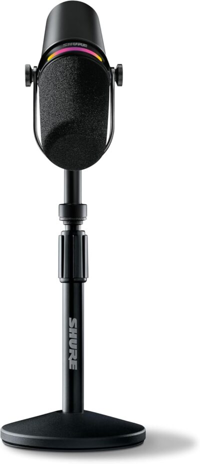 Shure MV7+ Podcast Dynamic Microphone with Stand – OBS Certified, Enhanced Audio, LED Panel, USB-C & XLR Outputs, Auto Level Mode, Digital Pop Filter – for Podcasting, Streaming, and Recording, Black