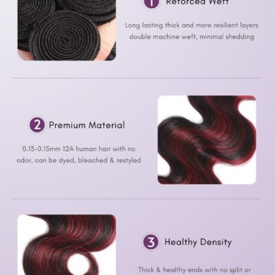 99J Burgundy Highlight Body Wave 3 Bundles Human Hair, 12A 100% Virgin Burgundy and Black Colored Human Hair Bundles Thick Track Ombre Red 99J Brazilian Quick Wavy Weaves Sew In Remy 12 14 16 In