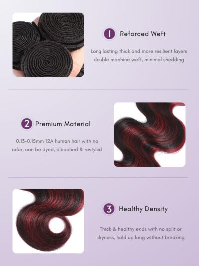 99J Burgundy Highlight Body Wave 3 Bundles Human Hair, 12A 100% Virgin Burgundy and Black Colored Human Hair Bundles Thick Track Ombre Red 99J Brazilian Quick Wavy Weaves Sew In Remy 12 14 16 In