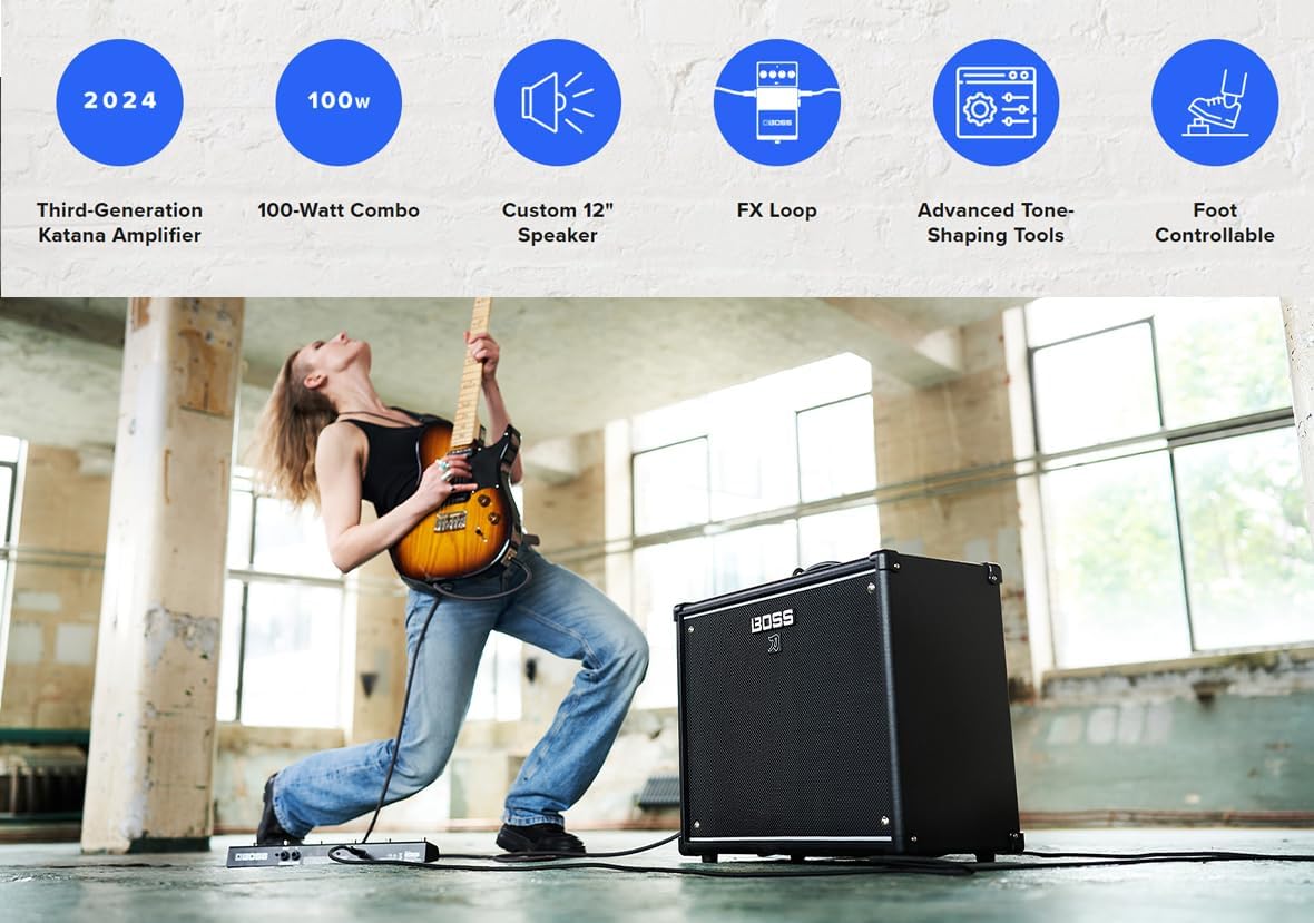 Boss Katana-100 Gen 3 100-Watt 1×12-Inch Guitar Combo Amplifier Bundle with Gearlux Instrument Cable and Picks