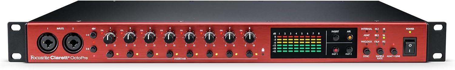 Focusrite Clarett+ OctoPre Professional Quality 8-in/8-out ADAT Mic Preamp for Music Production, with High Dynamic Range, Ultra-low Noise, and All-analogue Air