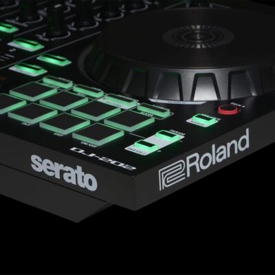 Roland DJ-202 DJ Controller Bundle with Stand, Headphones, and Austin Bazaar Polishing Cloth