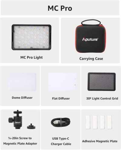 Aputure MC Pro Camera Lights,RGBWW LED Video Lights Lensed Mini LED Panel Full Color Portable Photography Lighting,4200mAh Rechargeable Battery,APP Control, Support Magnetic Attraction