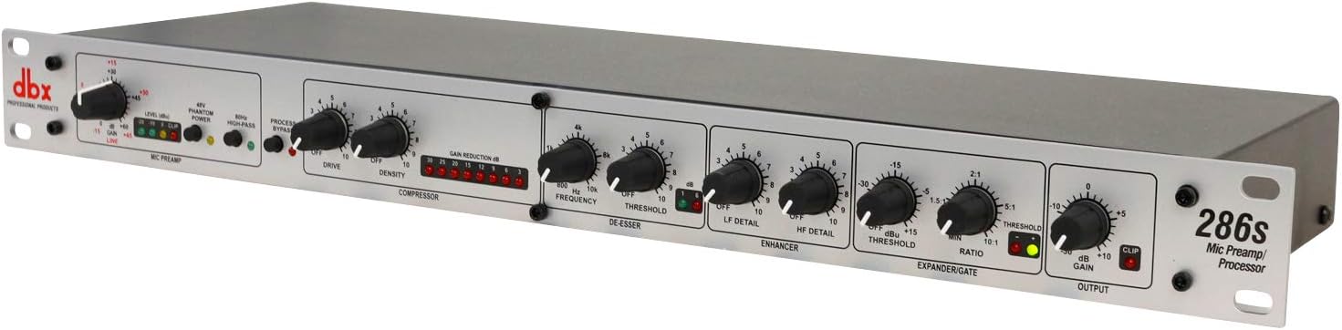 dbx DBX286SV Instrument, Microphone Preamp & Channel Strip Processor, with Compression, De-Esser, Enhancer, Expander/Gate, Loop-Out. Metering LEDs, XLR and ¼ inputs. Rack Mountable 1U. Silver
