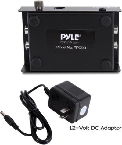Pyle Phono Turntable Preamp – Mini Electronic Audio Stereo Phonograph Preamplifier with RCA Input, RCA Output & Low Noise Operation Powered by 12 Volt DC Adapter – PP999