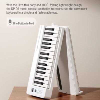 Donner 61-Key Folding Bluetooth Keyboard Piano for Beginners, Portable Piano Keyboard with Music Rest, Bag, Pedal, and App – White