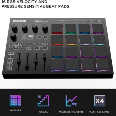 EMP16 MIDI Pad Controller Beat Maker Machine With Bluetooth, 16 RGB Velocity Sensitive Beat Pads, 16 Level, Full/Half Level, OLED Display, MIDI In/Out