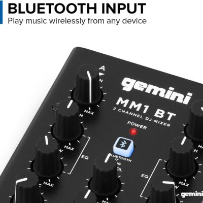 61RMvkEbpaL. AC SL1300 Gemini Portable Bluetooth DJ Mixer – 2-Channel Mini Audio Mixer with Wireless Input, RCA, Mic & Headphone Jacks, EQ & Crossfader – Compact DJ Mixer Board for Beginners & Mobile DJs (MM1BT)