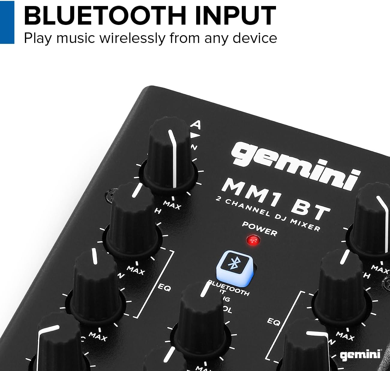 Gemini Portable Bluetooth DJ Mixer – 2-Channel Mini Audio Mixer with Wireless Input, RCA, Mic & Headphone Jacks, EQ & Crossfader – Compact DJ Mixer Board for Beginners & Mobile DJs (MM1BT)