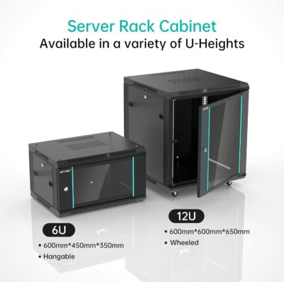 MT-VIKI 12U Server Cabinet Network Rack Vented Enclosure w/Moving Wheel, 0.8mm Thick Steel, 23.6 Deep (600mm), for 19 IT Equipment, Included 1pcs 12 Depth Rack Shelf
