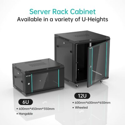 MT-VIKI 12U Server Cabinet Network Rack Vented Enclosure w/Moving Wheel, 0.8mm Thick Steel, 23.6 Deep (600mm), for 19 IT Equipment, Included 1pcs 12 Depth Rack Shelf