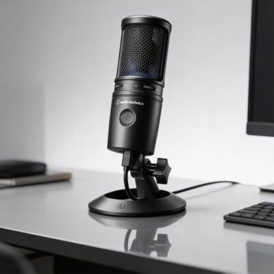 Audio-Technica AT2020USB-X Cardioid Condenser USB Microphone – Bundle with Pop Filter, Headphone, Boom Arm, XLR Cable, and Austin Bazaar Polishing Cloth
