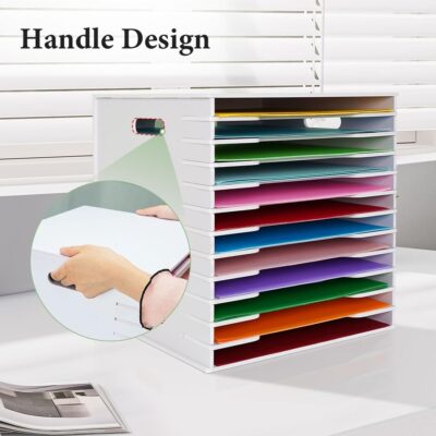 SANFURNEY Scrapbook Paper Organizer for Sizes 12 x 12, 12 Slots File Sorter Storage, Document Holder, Desktop Scrapbook Paper Organizer Rack for Home Office School (White, 12 Slots – Standard Size)