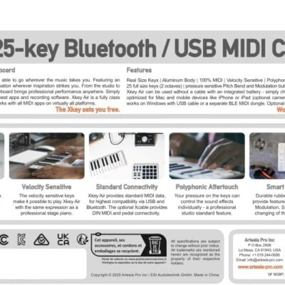 61UmnrUYjhL. AC SL1438 ESI Xkey 25 Air Ultra-Thin Bluetooth MIDI Controller Keyboard, Apple-Style Aluminum Body, Polyphonic Aftertouch, Ultra-Low Latency, 25 Full-Size Smart Velocity-Sensitive Keys, Simple Plug & Play