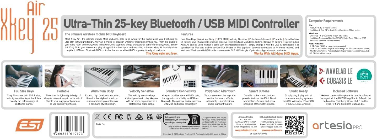 ESI Xkey 25 Air Ultra-Thin Bluetooth MIDI Controller Keyboard, Apple-Style Aluminum Body, Polyphonic Aftertouch, Ultra-Low Latency, 25 Full-Size Smart Velocity-Sensitive Keys, Simple Plug & Play