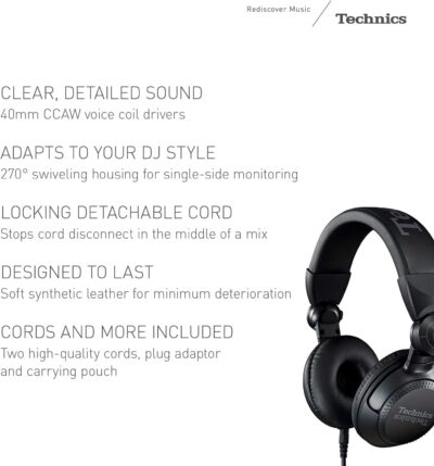 61X0D7kKMKL. AC SL1454 Technics Professional DJ Headphones with 40mm CCAW Voice Coil Drivers, 270° Swivel Housing and Locking Detachable Cord; Lightweight, Foldable High Input – EAH-DJ1200-K (Black)